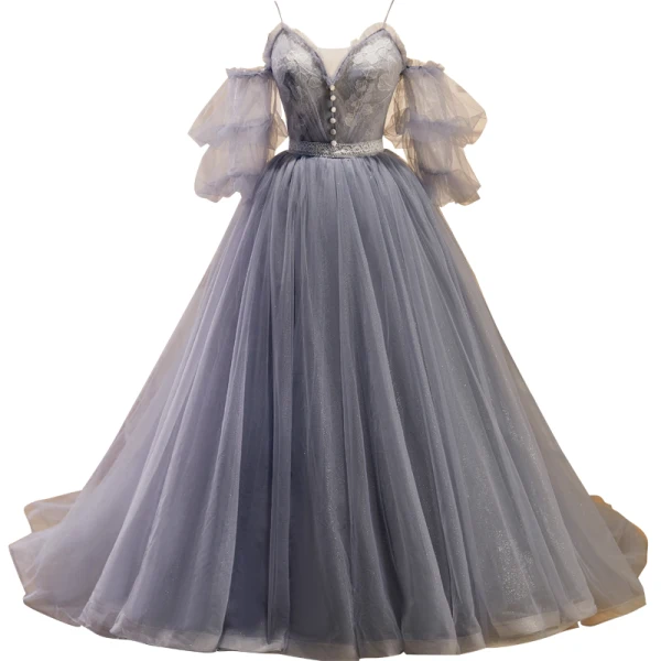 Classy Grey Lace Flower Prom Dresses 2023 Ball Gown Spaghetti Straps Short Sleeve Backless Sweep Train Prom Formal Dresses
