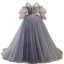 Classy Grey Lace Flower Prom Dresses 2023 Ball Gown Spaghetti Straps Short Sleeve Backless Sweep Train Prom Formal Dresses