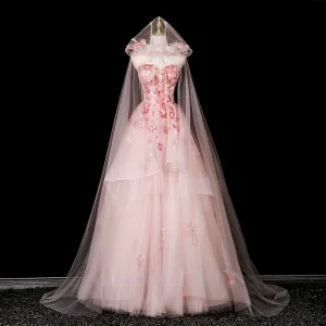 Blumenfee Rosa Perlenstickerei Applikationen Ballkleider 2025 Ballkleid Bandeau Ärmellos Rückenfreies Lange Festliche Kleider