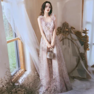 Fée Des Fleurs Rougissant Rose Perlage Paillettes Appliques Robe De Bal 2024 Princesse Encolure Carrée Sans Manches Dos Nu Longue Promo Robe De Ceremonie