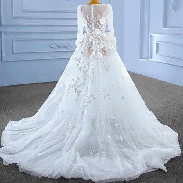 Luxury / Gorgeous White Rhinestone Lace Flower Appliques 2023 A-Line / Princess V-Neck Long Sleeve Wedding Dresses Court Train Wedding