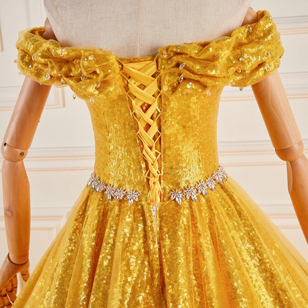 Sparkly Yellow Sequins Rhinestone Prom Dresses 2023 Ball Gown Off-The-Shoulder Sleeveless Backless Floor-Length / Long Prom Formal Dresses