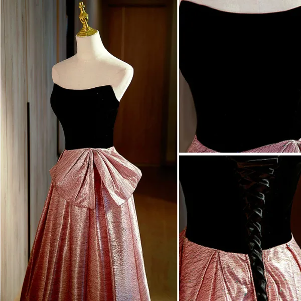 Charmant Pink Strass Ballkleider 2022 A Linie Bandeau Ärmellos Rückenfreies Schleife Lange Festliche Kleider