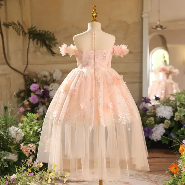 Bling Bling Blushing Pink Sequins Appliques Birthday Flower Girl Dresses 2025 Ball Gown Scoop Neck Short Sleeve Tea-length Tulle