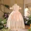 Bling Bling Blushing Pink Sequins Appliques Birthday Flower Girl Dresses 2025 Ball Gown Scoop Neck Short Sleeve Tea-length Tulle