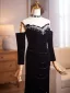 Elegant Black Sequins Pearl Velvet Evening Dresses 2026 Trumpet / Mermaid Off-The-Shoulder 1/2 Sleeves Backless Sweep Train Evening Party Formal Dresses