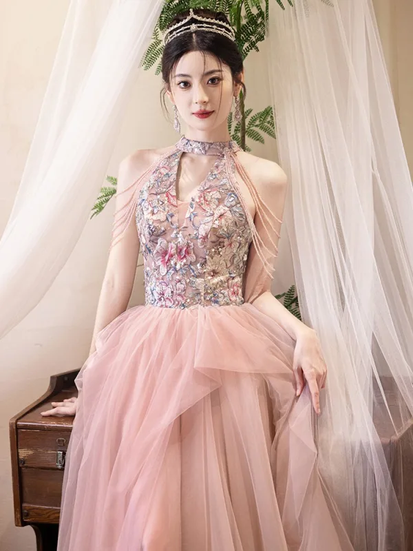 Chic / Beautiful Blushing Pink Beading Cascading Ruffles Printing Prom Dresses 2025 A-Line / Princess High Neck Sleeveless Backless Floor-Length / Long Tulle Formal Dresses