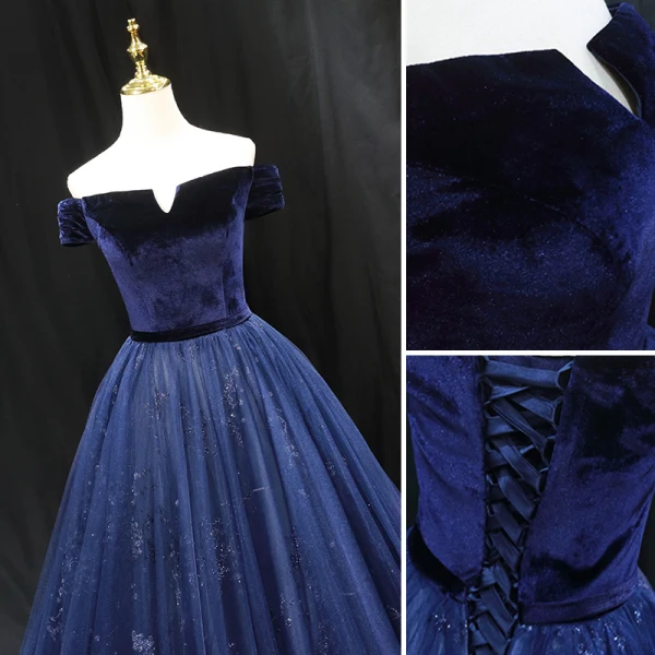 Vintage / Retro Navy Blue Sequins Prom Dresses 2023 Ball Gown Off-The-Shoulder Sleeveless Backless Floor-Length / Long Prom Formal Dresses