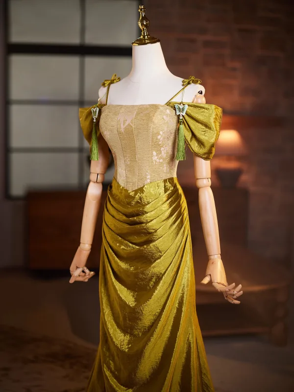 Vintage / Retro Green Prom Dresses 2026 Trumpet / Mermaid Off-The-Shoulder Short Sleeve Backless Sweep Train Prom Formal Dresses