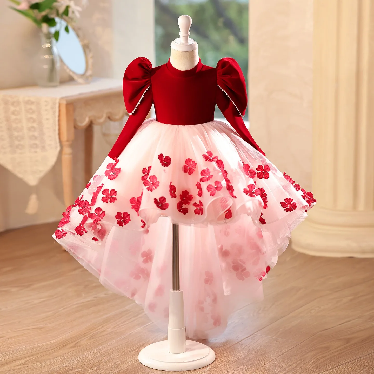 Chic Beautiful Burgundy Appliques Asymmetrical Birthday Flower Girl Dresses 2025 Ball
