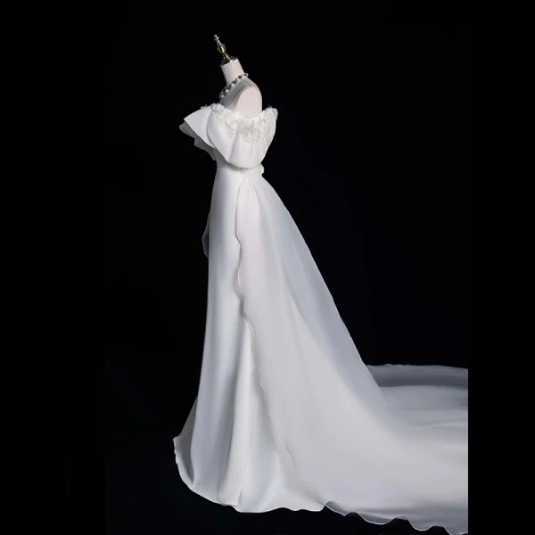 Vintage / Retro White Ruffle Satin Wedding Dresses 2024 Trumpet / Mermaid Off-The-Shoulder Short Sleeve Backless Court Train Wedding