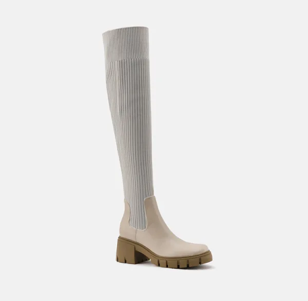 Fashion Beige Street Wear Winter Knitting Womens Boots 2023 6 cm Thick Heels Round Toe Boots