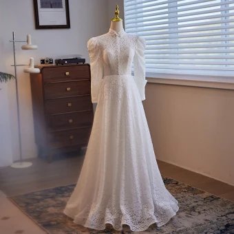 Vintage Retro Ivory Pearl Lace Flower Wedding Dresses 2024 A Line Princess High Neck Long Sleeve Backless Bow Floor Length Long