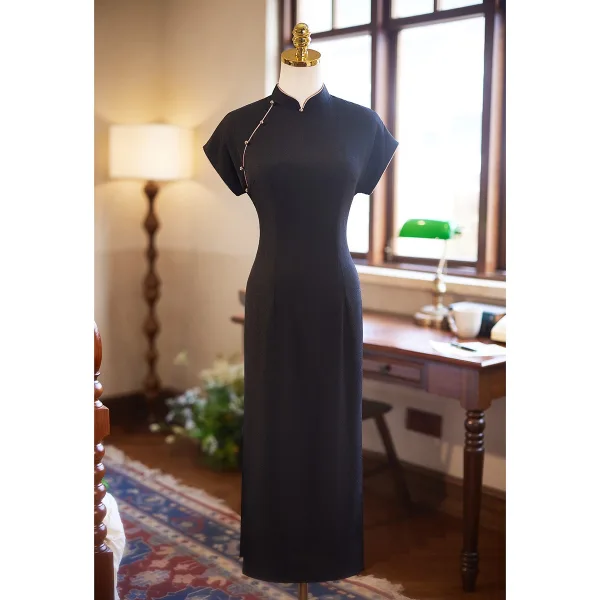 Modest  Burgundy Casual Cheongsam 2025 Trumpet / Mermaid High Neck Short Sleeve Floor-Length / Long
