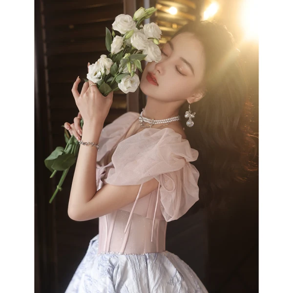Fashion Blushing Pink Glitter Prom Dresses 2023 A-Line / Princess Square Neckline Bow Short Sleeve Backless Floor-Length / Long Prom Formal Dresses