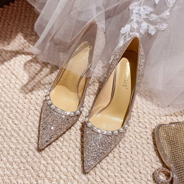 Glitter Champagne Parel Pailletten Bruidsschoenen 2022 Leer 8 Cm Naaldhakken Stiletto Spitse Neus Huwelijk Pumps Hoge Hakken