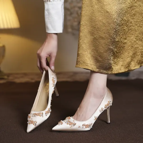 Élégant Champagne Cuir Perlage Faux Diamant Chaussure De Mariée 2026 8 cm Talons Aiguilles À Bout Pointu Mariage Escarpins Talons Hauts