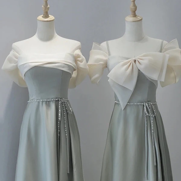 Modest / Simple Grey Bow Bridesmaid Dresses 2023 A-Line / Princess Off-The-Shoulder Short Sleeve Backless Pearl Sash Floor-Length / Long Prom Bridesmaid Dresses