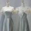 Modest / Simple Grey Bow Bridesmaid Dresses 2023 A-Line / Princess Off-The-Shoulder Short Sleeve Backless Pearl Sash Floor-Length / Long Prom Bridesmaid Dresses