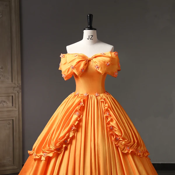 Elegant Orange Appliques Prom Dresses 2023 Ball Gown Bow Off-The-Shoulder Short Sleeve Backless Floor-Length / Long Prom Formal Dresses