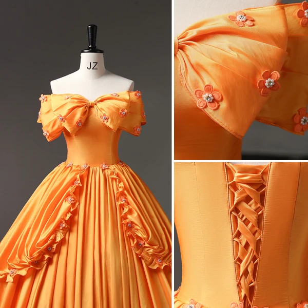 Elegant Orange Appliques Prom Dresses 2023 Ball Gown Bow Off-The-Shoulder Short Sleeve Backless Floor-Length / Long Prom Formal Dresses