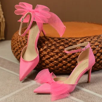 Chic Belle Fushia Noeud Promo Sandales Femme 2023 Bride Cheville 8 Cm Talons Aiguilles À Bout Pointu Sandales Talons Hauts