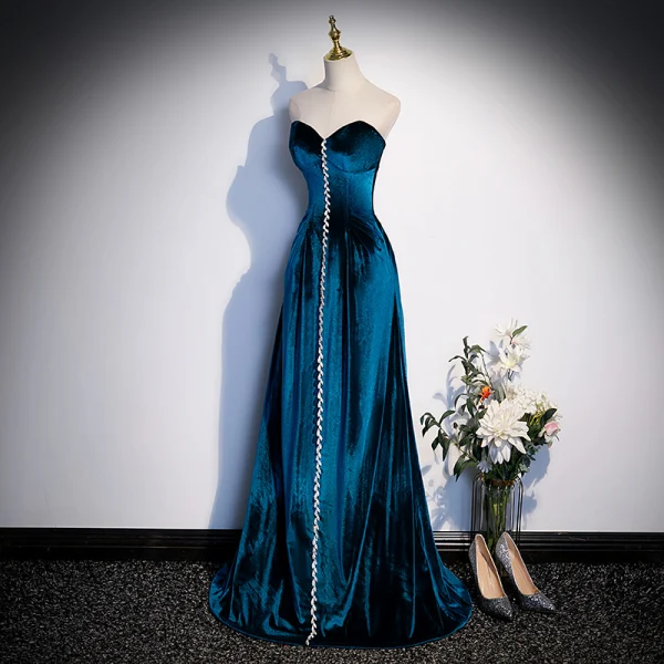Vintage / Retro Royal Blue Suede Evening Dresses 2023 A-Line / Princess Strapless Rhinestone Sleeveless Backless Floor-Length / Long Evening Party Formal Dresses