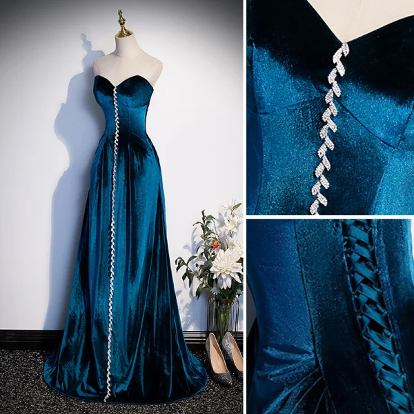 Vintage / Retro Royal Blue Suede Evening Dresses 2023 A-Line / Princess Strapless Rhinestone Sleeveless Backless Floor-Length / Long Evening Party Formal Dresses