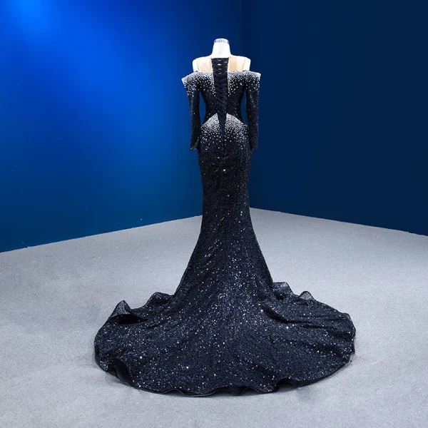 High End Schwarz Perlenstickerei Perle Pailletten Abendkleider 2023 Meerjungfrau Rundhalsausschnitt 3/4 Ärmel Lange Abend Festliche Kleider