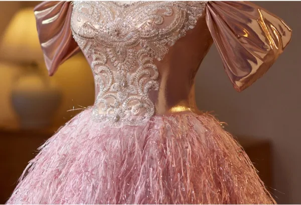 Charming Blushing Pink Beading Rhinestone Lace Flower Tassel Prom Dresses 2025 Ball Gown Off-The-Shoulder Short Sleeve Backless Floor-Length / Long Prom Formal Dresses