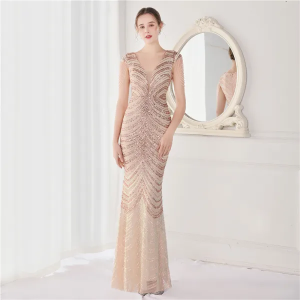 Sexy Black Beading Sequins Evening Dresses 2022 Trumpet / Mermaid V-Neck Sleeveless Floor-Length / Long Evening Party Formal Dresses