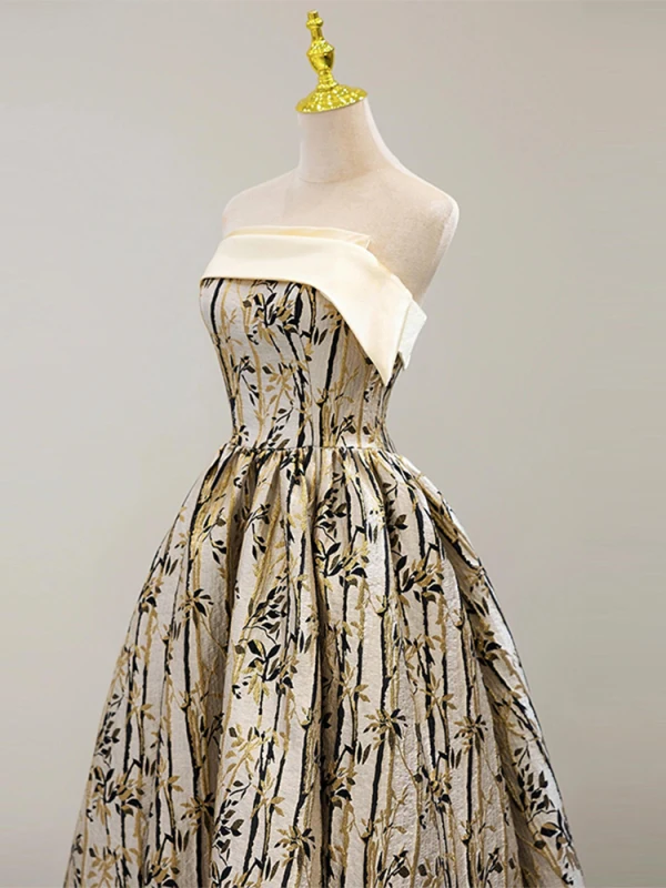 Chinese style Champagne Printing Prom Dresses 2024 A-Line / Princess Strapless Sleeveless Backless Floor-Length / Long Prom Formal Dresses