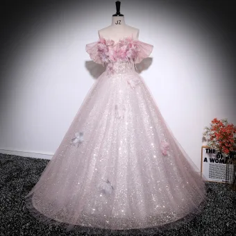 Charming Blushing Pink Beading Pearl Sequins Feather Appliques Prom Dresses 2025 Ball Gown Off The Shoulder Short Sleeve Backless Floor Length Long Formal Dresses