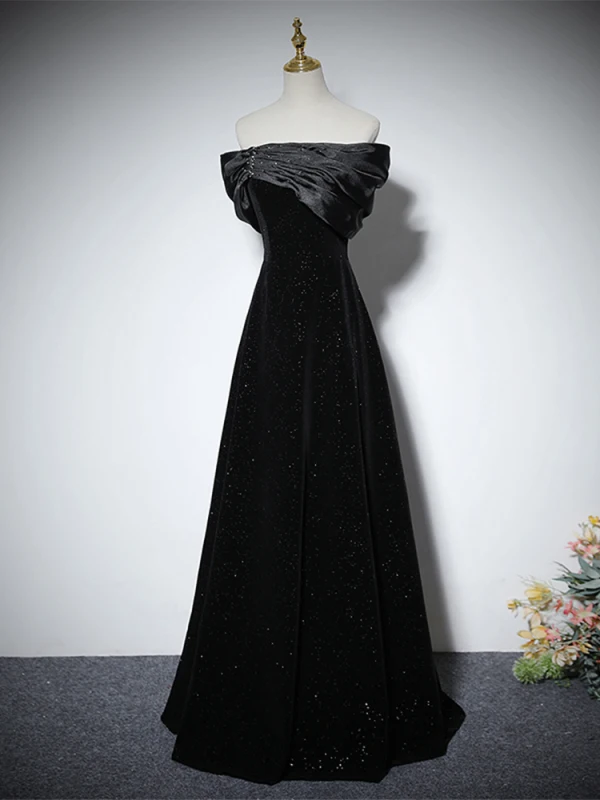 Elegante Schwarz Glanz Ballkleider 2024 A Linie Off Shoulder Ärmellos Rückenfreies Lange Ball Festliche Kleider