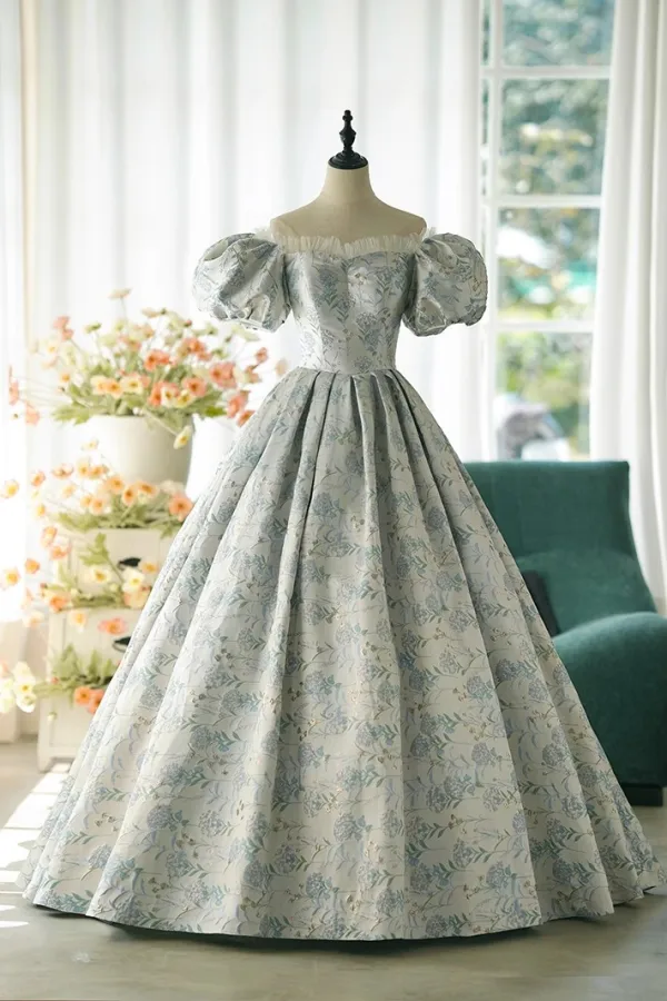 Classy Sage Green Printing Prom Dresses 2024 A-Line / Princess Scoop Neck Puffy Short Sleeve Backless Floor-Length / Long Prom Formal Dresses