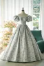 Classy Sage Green Printing Prom Dresses 2024 A-Line / Princess Scoop Neck Puffy Short Sleeve Backless Floor-Length / Long Prom Formal Dresses
