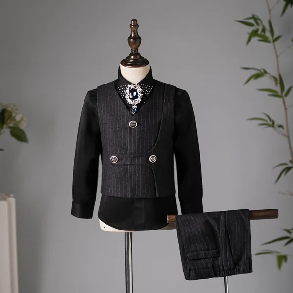 Fashion Black Rhinestone 6-piece Boys Wedding Suits 2025 Long Sleeve Body Jewellery Coat Pants Shirt Tie Vest Wedding