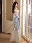 Charmant Bleu Ciel Paillettes En Dentelle Fleur Robe De Soirée 2024 Trompette / Sirène De l'épaule Manches Courtes Dos Nu Longue Soirée Robe De Ceremonie