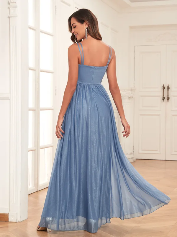 Modest / Simple Sky Blue Prom Dresses 2024 A-Line / Princess Spaghetti Straps Sleeveless Backless Floor-Length / Long Prom Formal Dresses