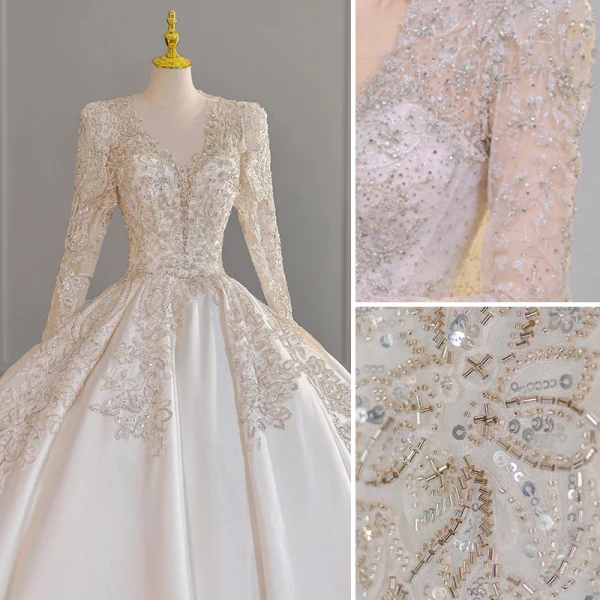 Vintage / Retro Ivory Beading Sequins Wedding Dresses 2023 Ball Gown Satin V-Neck Long Sleeve Court Train Wedding