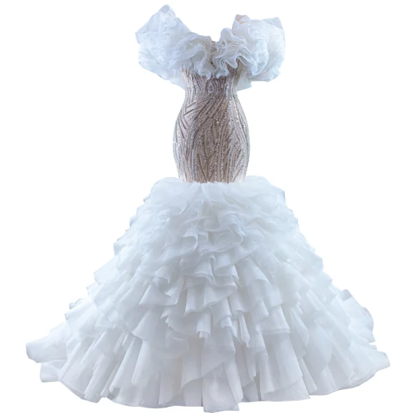 Luxury / Gorgeous White Beading Sequins Cascading Ruffles Wedding Dresses 2022 Trumpet / Mermaid Scoop Neck Short Sleeve Court Train Wedding