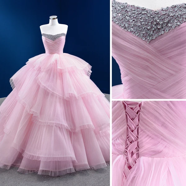 High-end Blushing Pink Cascading Ruffles Prom Dresses 2022 Ball Gown Strapless Rhinestone Sleeveless Backless Court Train Prom Formal Dresses