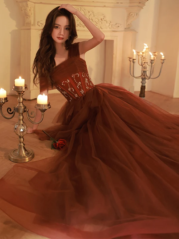 Chic / Beautiful Burgundy Beading Evening Dresses 2023 A-Line / Princess One-Shoulder Sleeveless Backless Floor-Length / Long Evening Party Formal Dresses