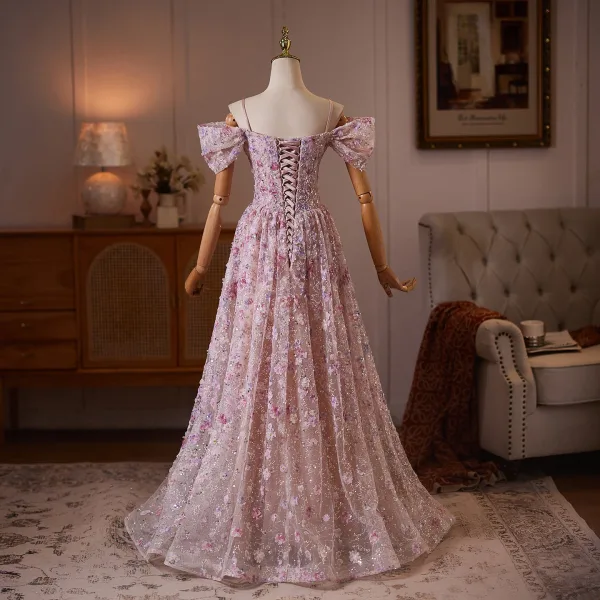 Blumenfee Rosa Perlenstickerei Strass Applikationen Ballkleider 2026 A Linie Off Shoulder Kurze Ärmel Rückenfreies Lange Festliche Kleider