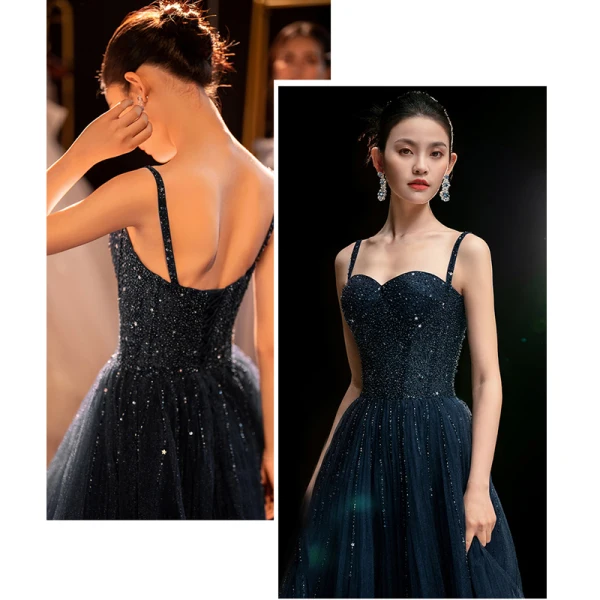 Scintillantes Sexy Bleu Marine Perlage Paillettes Robe De Soirée 2023 Princesse Bretelles Spaghetti Sans Manches Dos Nu Longue Soirée Robe De Ceremonie