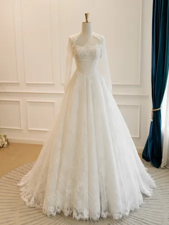Luxury Gorgeous White Handmade Beading Lace Flower Sequins Wedding Dresses 2026 A Line Princess Strapless Long Sleeve Floor Length Long