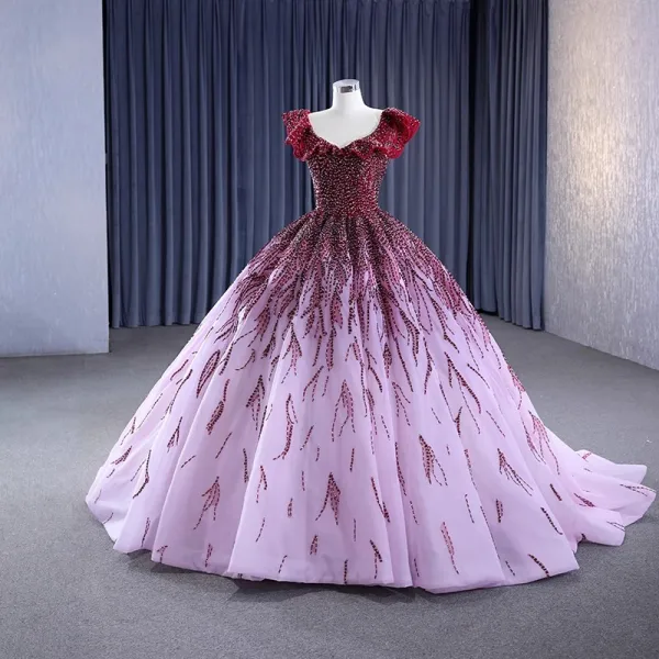 High-end Gradient-Color Burgundy Handmade  Beading Prom Dresses 2023 Ball Gown V-Neck Sleeveless Backless Floor-Length / Long Formal Dresses