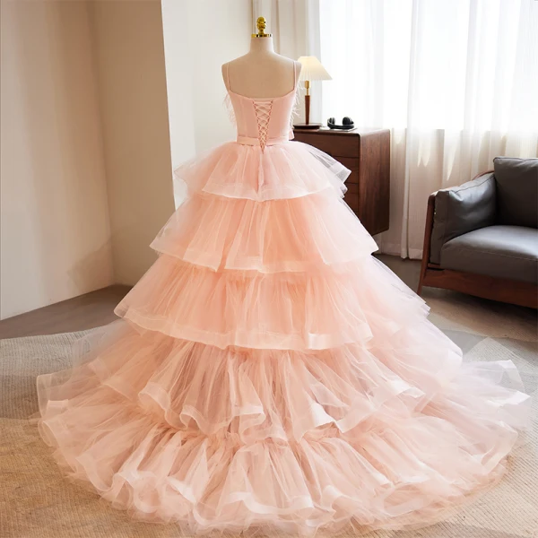Charmant Rougissant Rose Volants en Cascade Robe De Bal 2023 Robe Boule Bretelles Spaghetti Gland Sans Manches Perle Noeud Ceinture Dos Nu Tribunal Train Robe De Ceremonie
