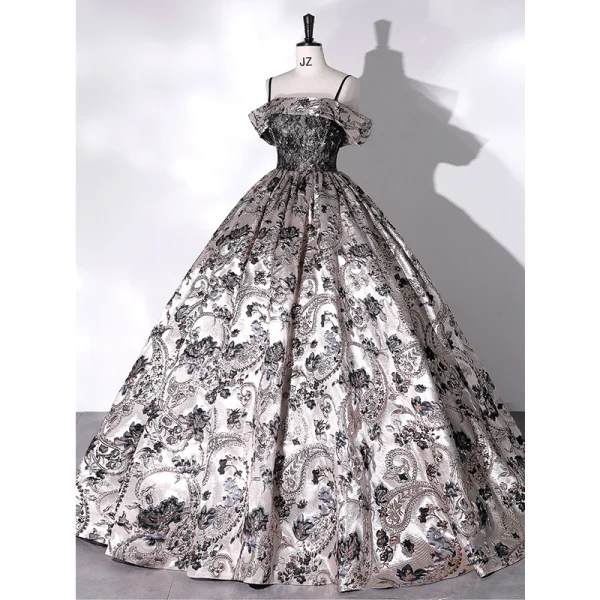Vintage / Retro Baroque Silver Lace Flower Satin Prom Dresses 2022 Ball Gown Spaghetti Straps Sleeveless Backless Beading Floor-Length / Long Formal Dresses
