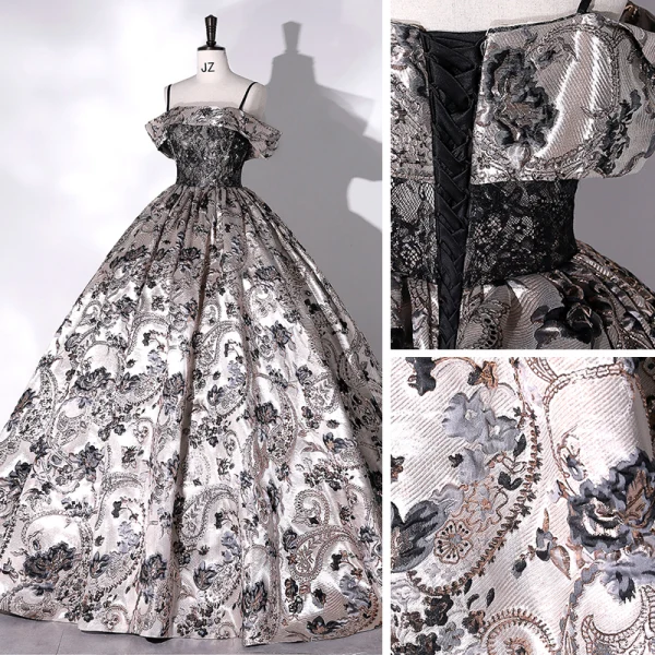 Vintage / Retro Baroque Silver Lace Flower Satin Prom Dresses 2022 Ball Gown Spaghetti Straps Sleeveless Backless Beading Floor-Length / Long Formal Dresses